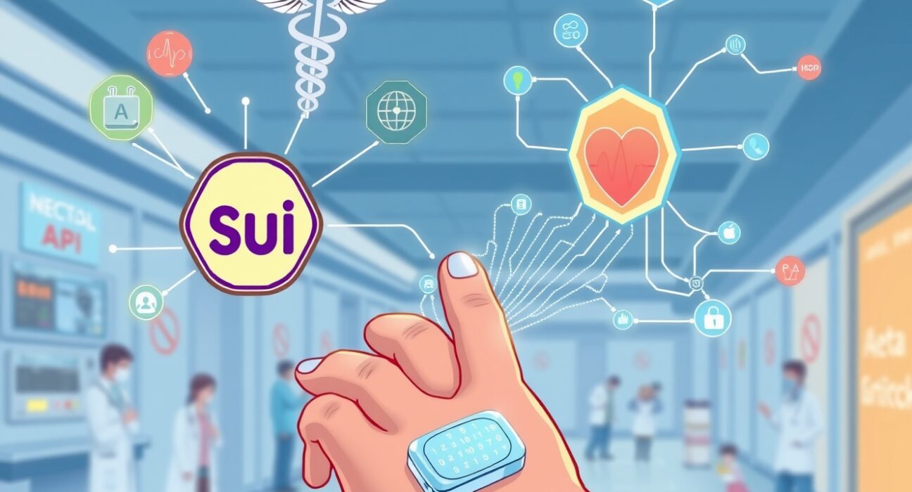 Cartoon illustration of Sui blockchain integrating with medical tech, symbolizing secure data ownership in Sui healthcare.