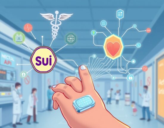 Cartoon illustration of Sui blockchain integrating with medical tech, symbolizing secure data ownership in Sui healthcare.