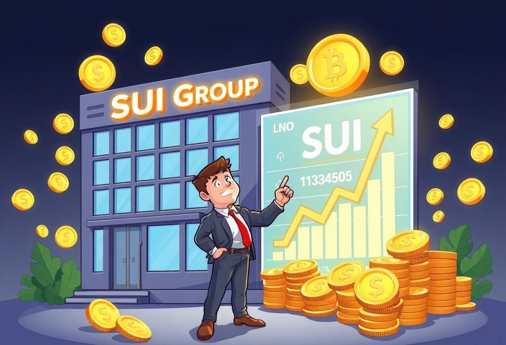 A cartoon illustration showing Sui Group's strategic move to boost its SUI holdings, emphasizing growth and digital asset investment.