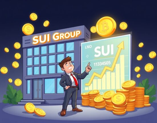 A cartoon illustration showing Sui Group's strategic move to boost its SUI holdings, emphasizing growth and digital asset investment.
