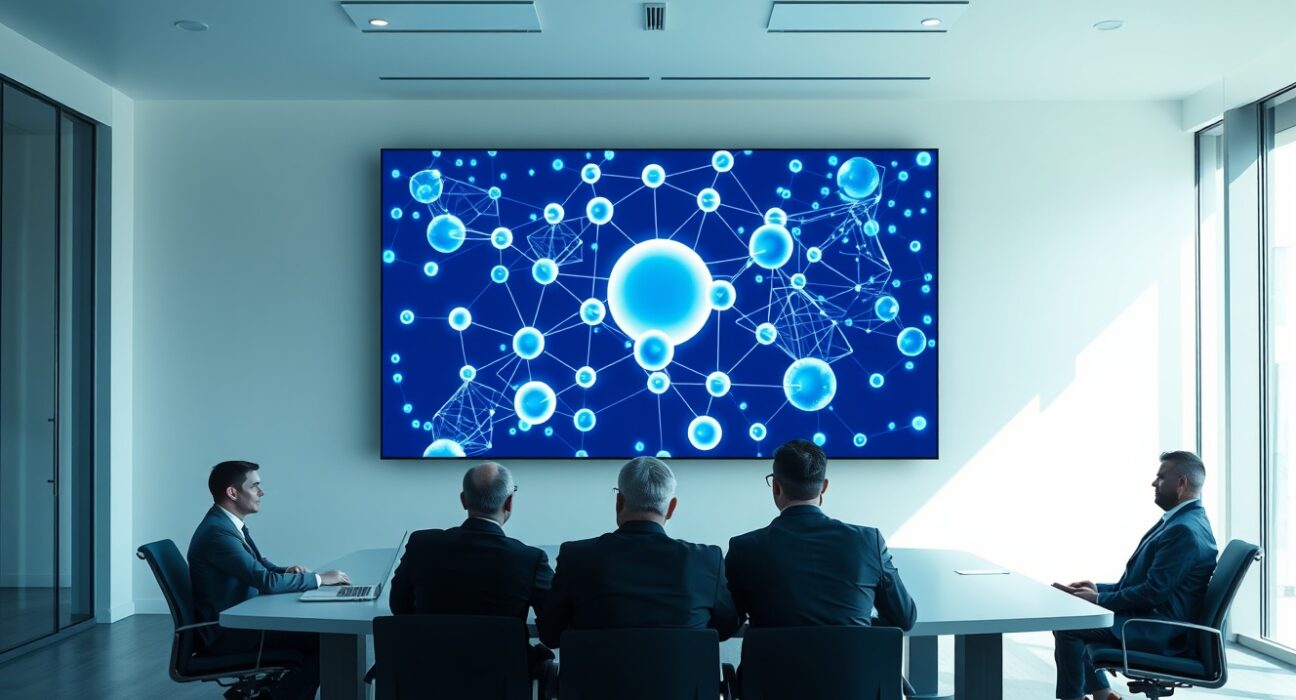 Professionals in a meeting room viewing a digital display of interconnected spheres representing Sui Spheres
