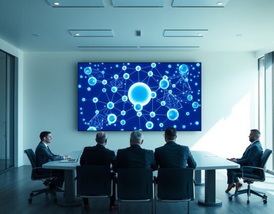 Professionals in a meeting room viewing a digital display of interconnected spheres representing Sui Spheres