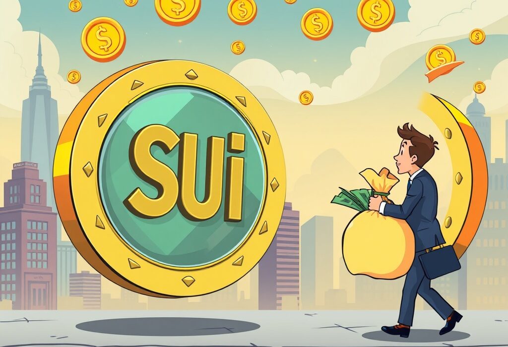 A cartoon illustration of a large SUI coin attracting a significant SUI investment from a financial entity, symbolizing a bold move in the digital asset space.