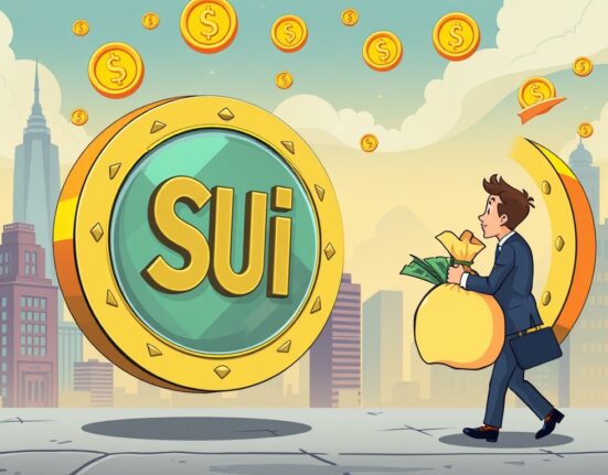 A cartoon illustration of a large SUI coin attracting a significant SUI investment from a financial entity, symbolizing a bold move in the digital asset space.