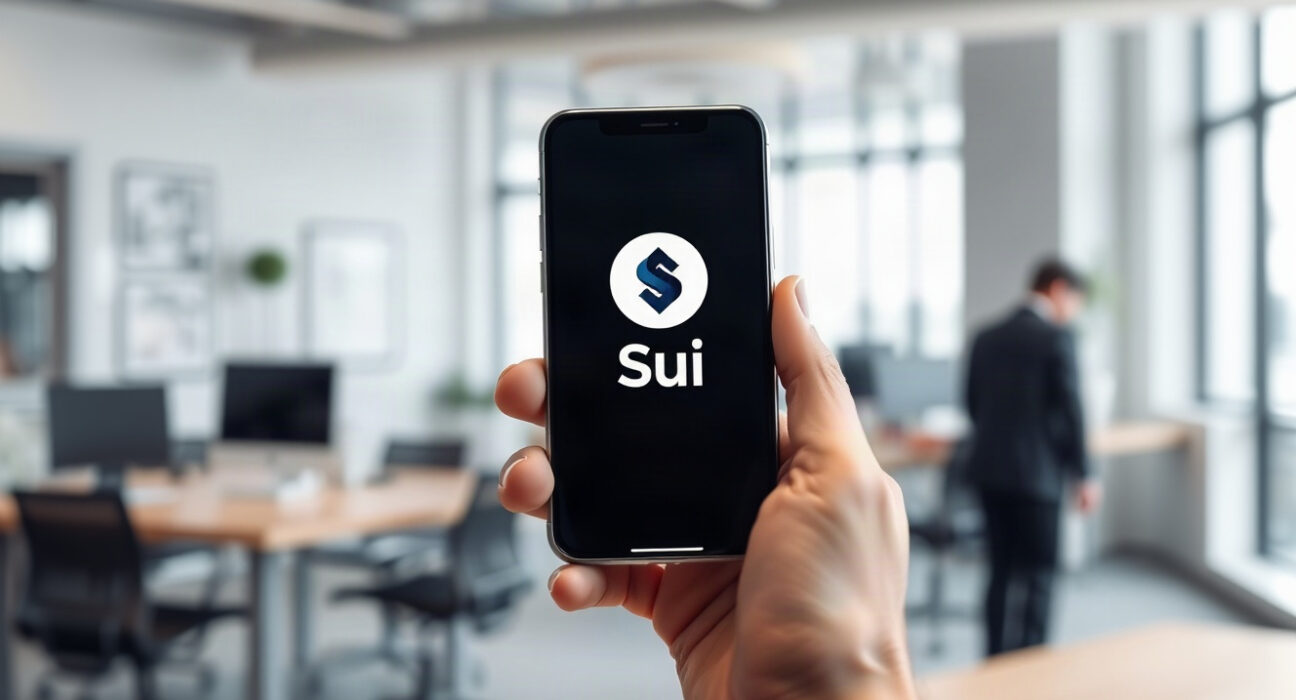 Smartphone displaying a digital wallet interface with Sui blockchain branding, held in a professional setting.