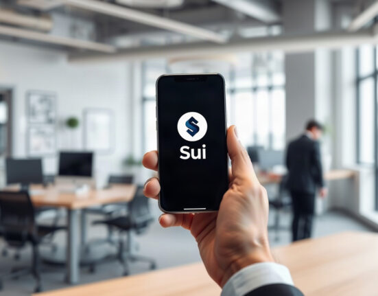 Smartphone displaying a digital wallet interface with Sui blockchain branding, held in a professional setting.