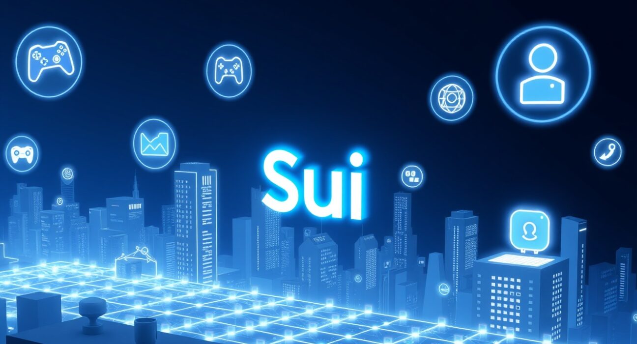 Sui Layer 1 blockchain network with consumer Web3 apps like gaming and digital identity icons floating above a grid