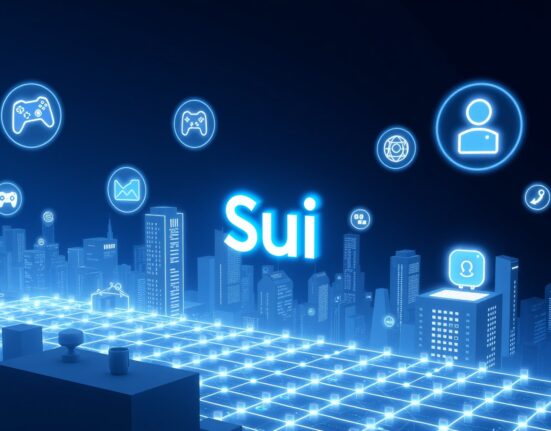 Sui Layer 1 blockchain network with consumer Web3 apps like gaming and digital identity icons floating above a grid