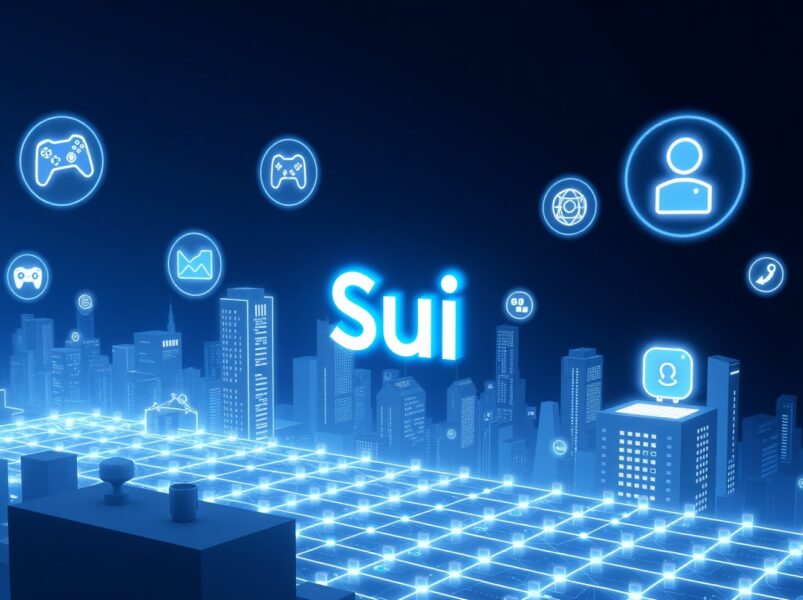 Sui Layer 1 blockchain network with consumer Web3 apps like gaming and digital identity icons floating above a grid