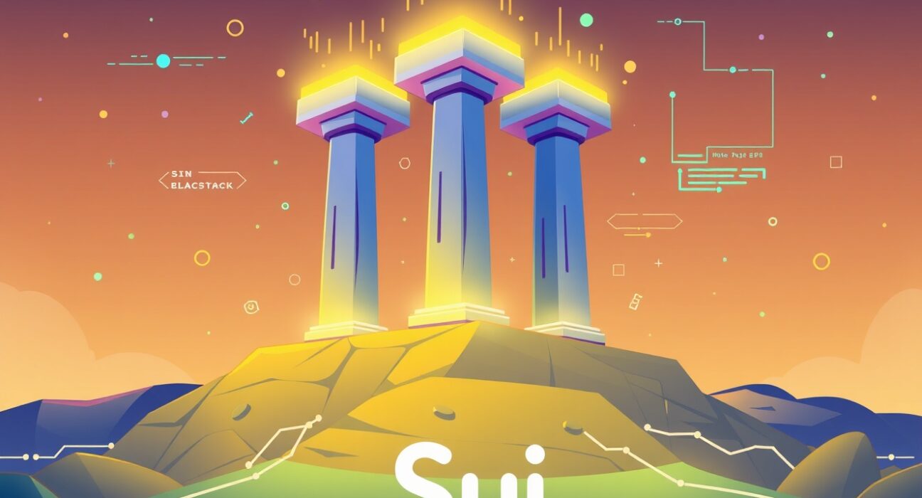 A cartoon illustration showing the robust growth of Sui Layer 1, supported by its innovative full-stack strategy for the future of blockchain.