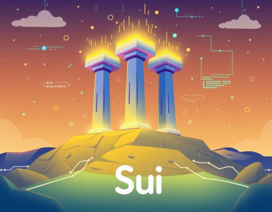 A cartoon illustration showing the robust growth of Sui Layer 1, supported by its innovative full-stack strategy for the future of blockchain.