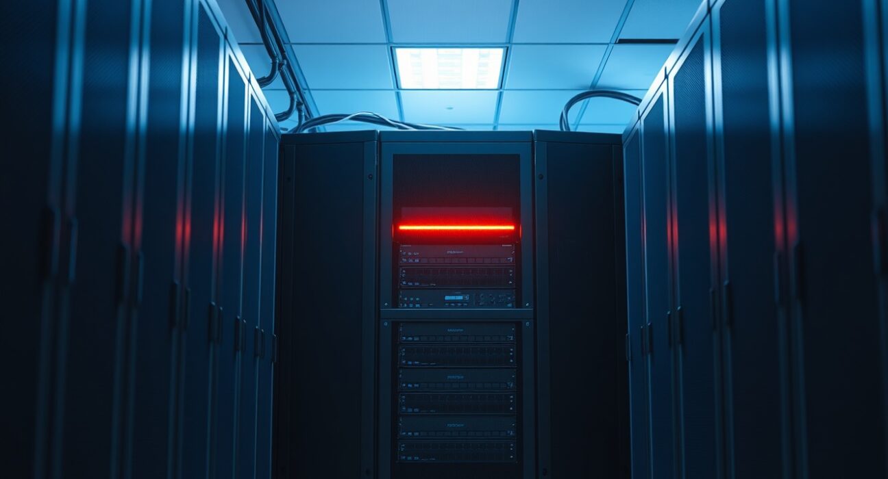 Server rack with warning glow in data center representing Sui network disruption