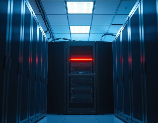 Server rack with warning glow in data center representing Sui network disruption