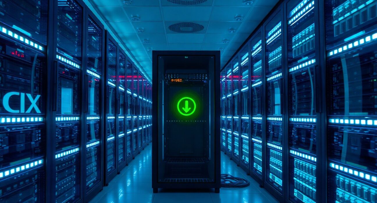 Modern server room with green status lights indicating network recovery after Sui blockchain outage
