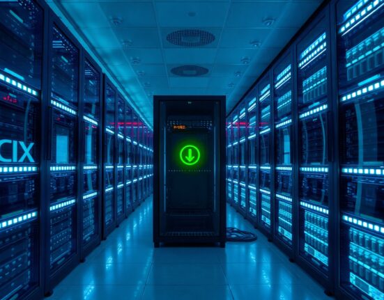 Modern server room with green status lights indicating network recovery after Sui blockchain outage