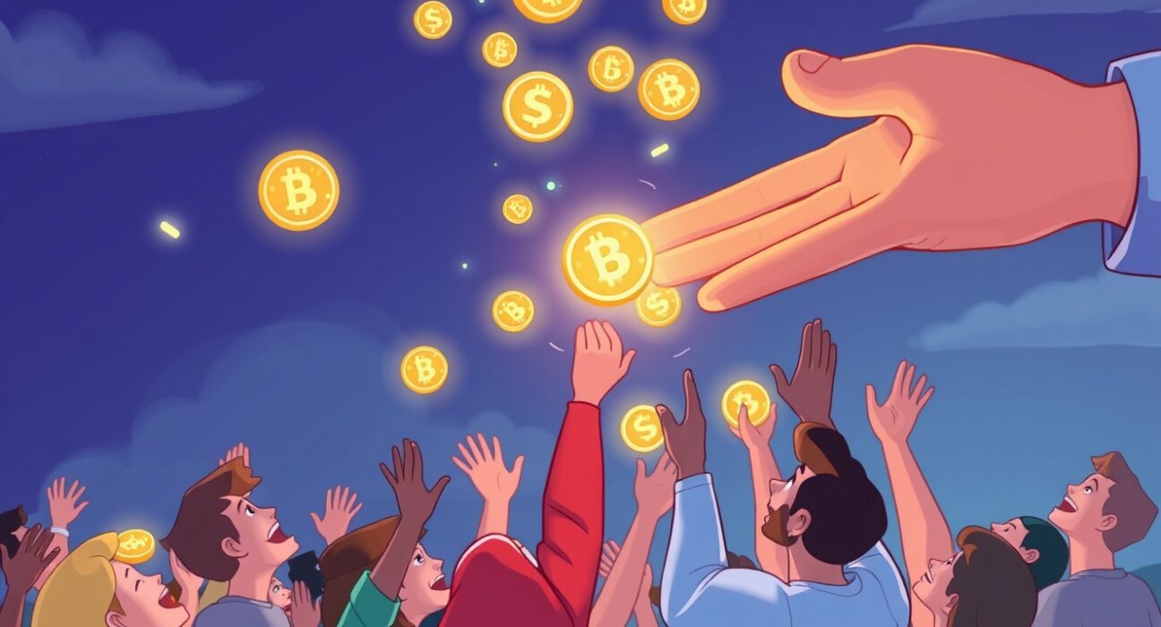 Cartoon illustration showing excited community members receiving a Sui Name Service airdrop, symbolizing digital rewards for early participation.