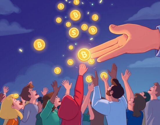 Cartoon illustration showing excited community members receiving a Sui Name Service airdrop, symbolizing digital rewards for early participation.