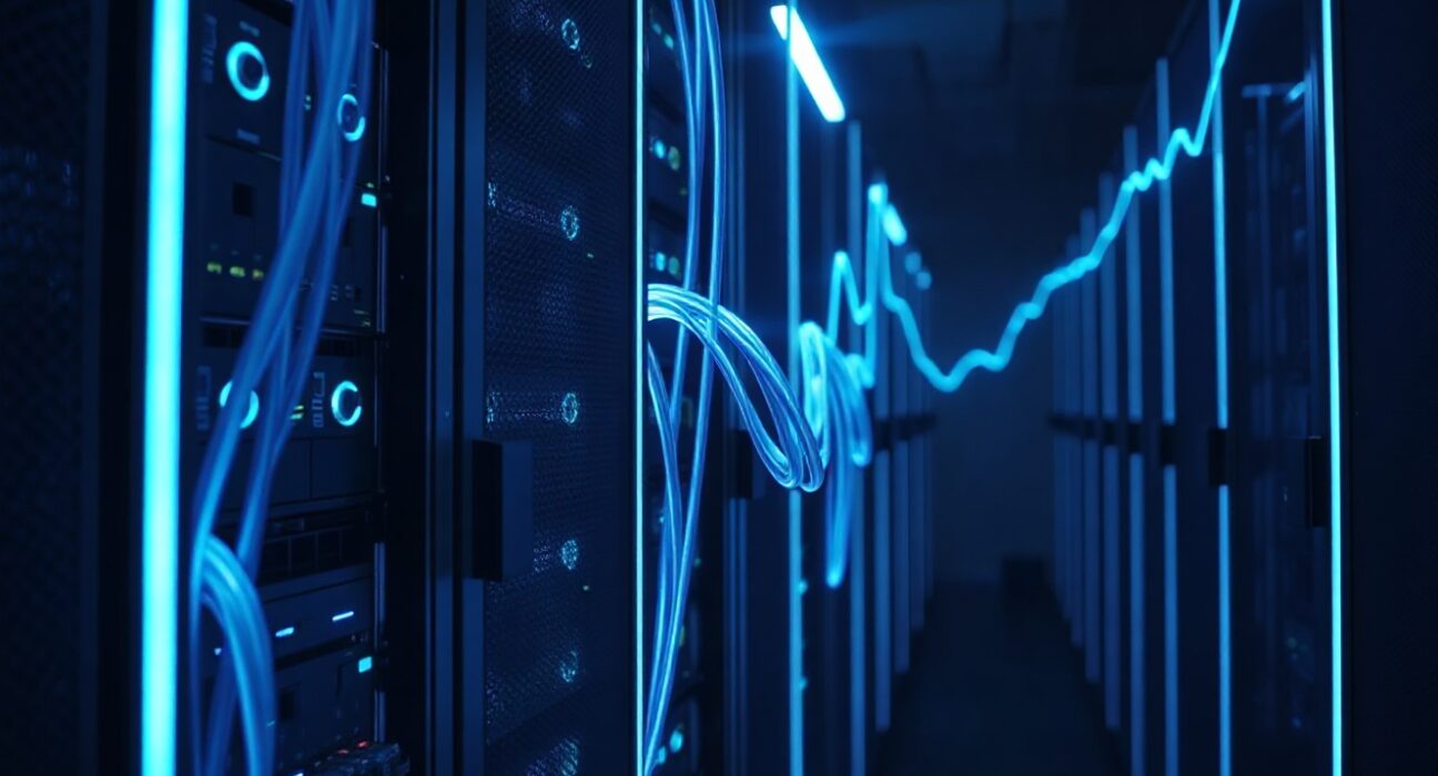 Sui blockchain data center with fiber optic cables processing high-volume stablecoin transfers