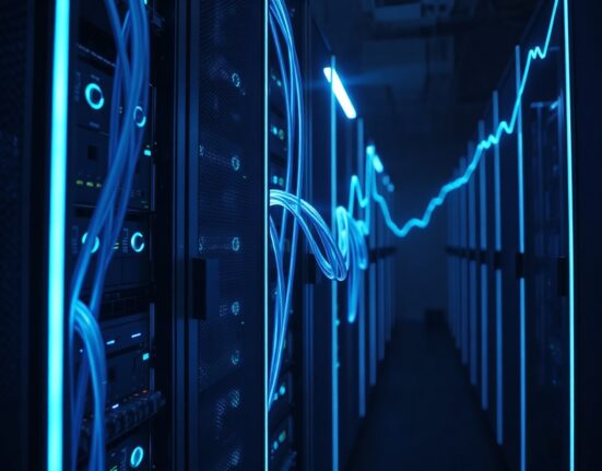 Sui blockchain data center with fiber optic cables processing high-volume stablecoin transfers