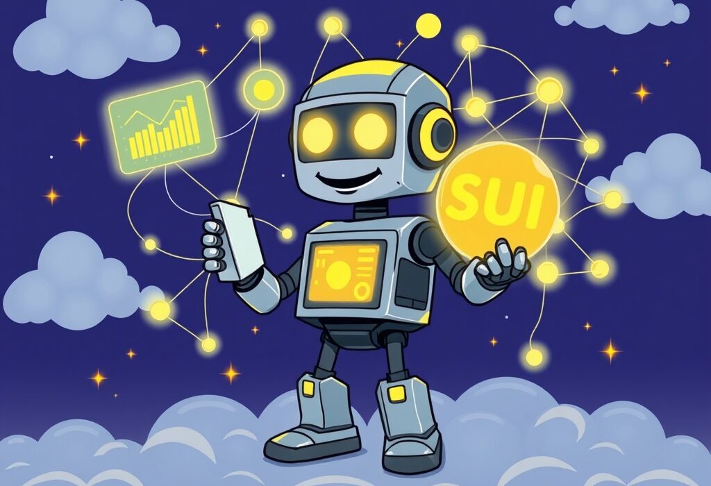 A cartoon illustration depicting Nansen crypto analytics providing comprehensive data support for the Sui Network, enhancing SUI blockchain visibility.