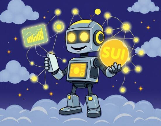 A cartoon illustration depicting Nansen crypto analytics providing comprehensive data support for the Sui Network, enhancing SUI blockchain visibility.