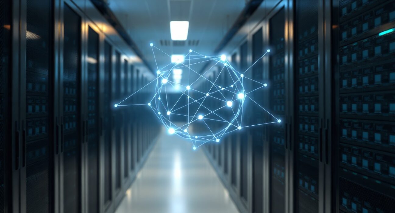 Futuristic data center with holographic blockchain network symbolizing quantum-resistant technology