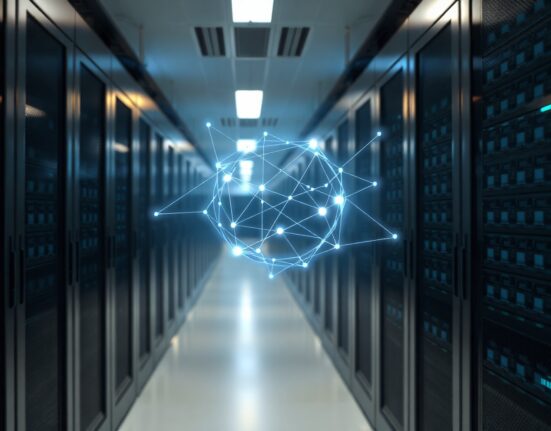 Futuristic data center with holographic blockchain network symbolizing quantum-resistant technology
