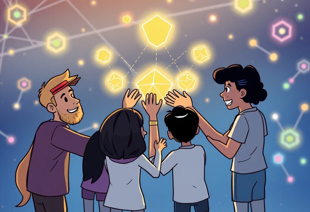 A cartoon group collaboratively managing digital assets, illustrating the innovative shared control of Sui Party Objects on the blockchain.