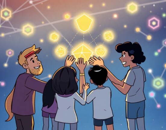 A cartoon group collaboratively managing digital assets, illustrating the innovative shared control of Sui Party Objects on the blockchain.