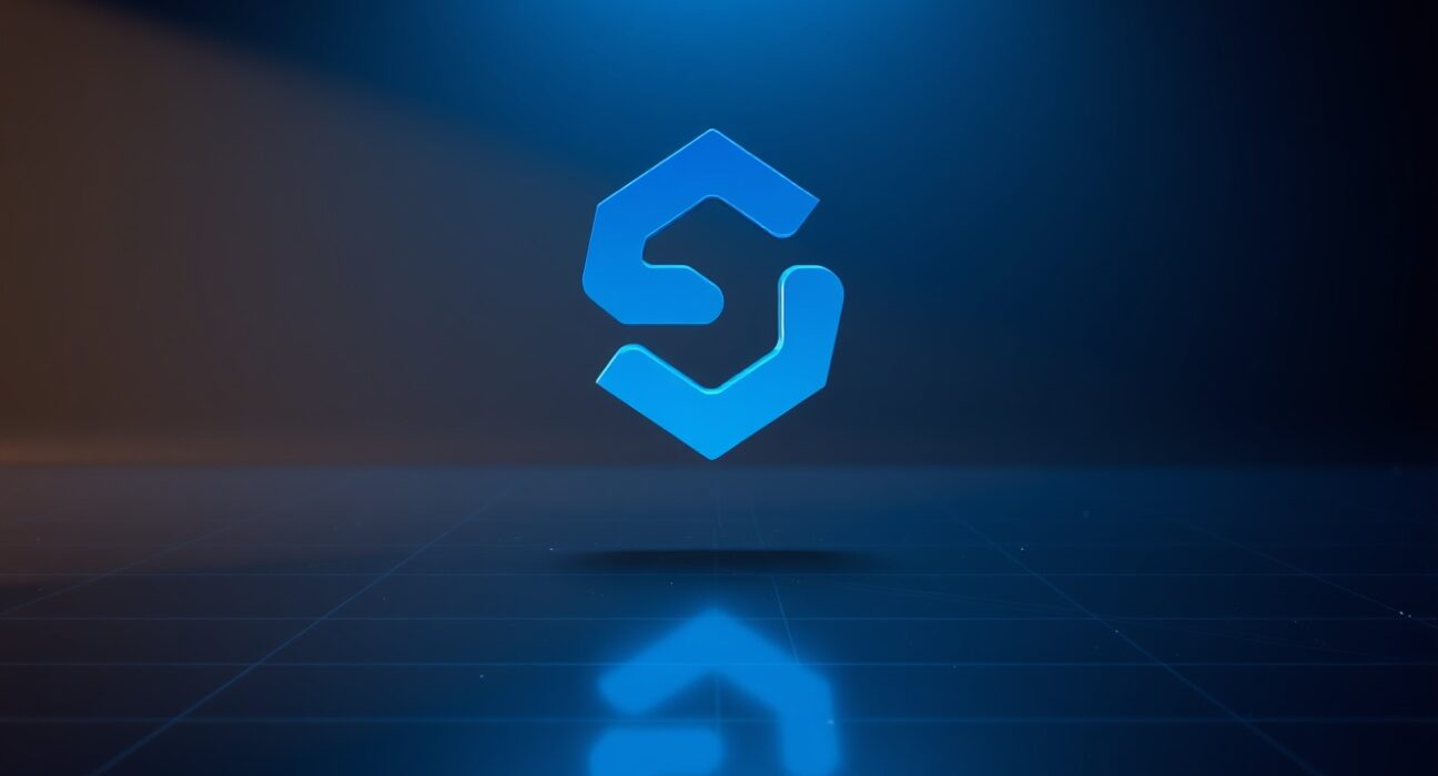 Futuristic digital representation of the Sui blockchain logo on a dark reflective surface.