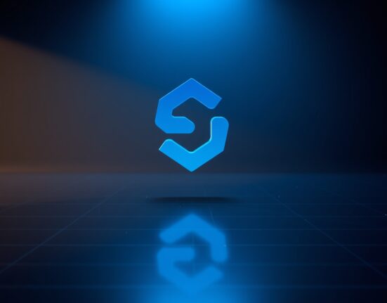 Futuristic digital representation of the Sui blockchain logo on a dark reflective surface.