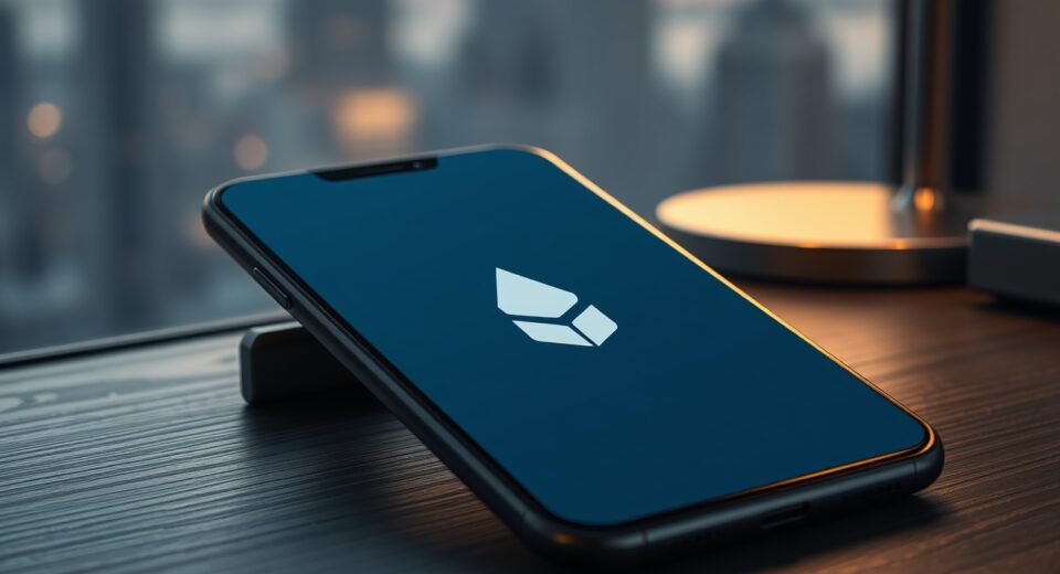 Sui blockchain logo displayed on a smartphone on a desk with a city skyline background