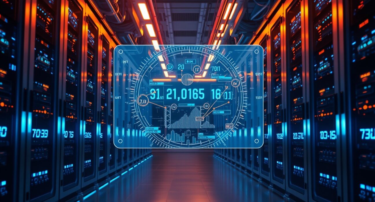 Futuristic data center with holographic display showing high-speed blockchain transaction data.
