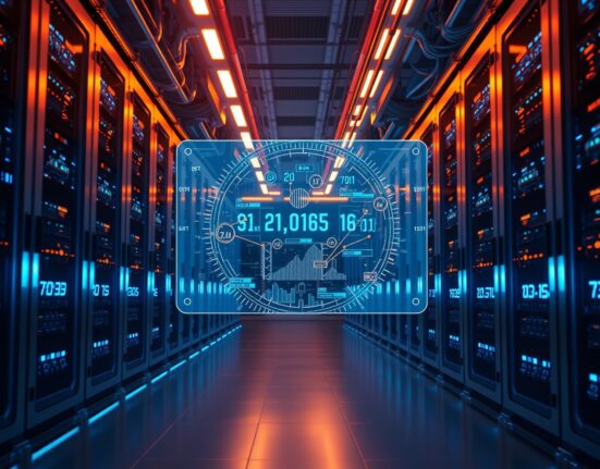 Futuristic data center with holographic display showing high-speed blockchain transaction data.