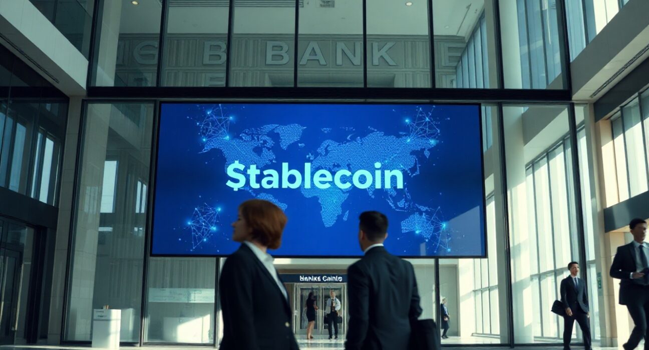 Modern banking hall with digital display showing stablecoin network and blockchain map