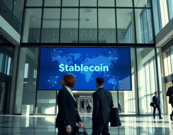 Modern banking hall with digital display showing stablecoin network and blockchain map