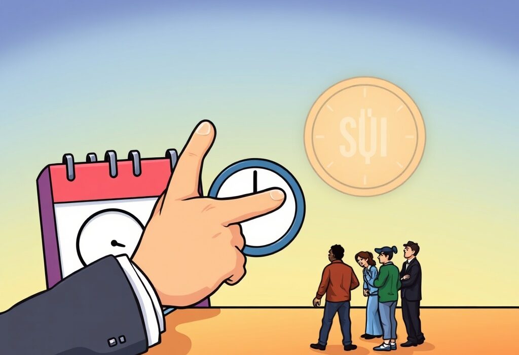 A cartoon illustration showing the SEC delaying a decision on a SUI spot ETF, highlighting regulatory uncertainty for crypto investors.