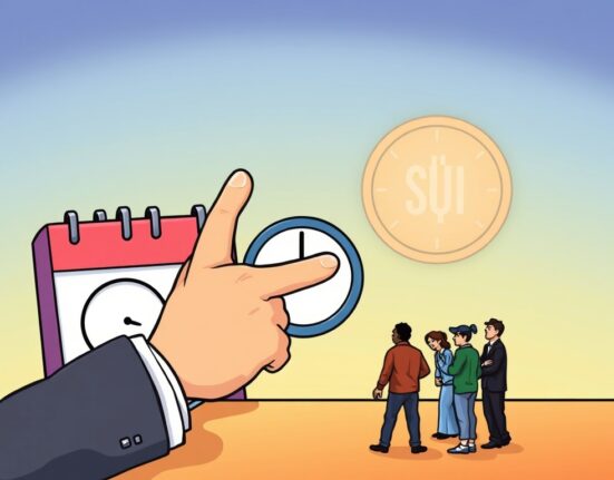 A cartoon illustration showing the SEC delaying a decision on a SUI spot ETF, highlighting regulatory uncertainty for crypto investors.