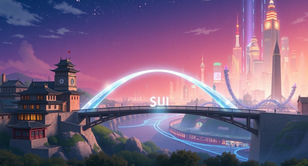 Conceptual bridge representing the 21Shares SUI spot ETF connecting traditional and decentralized finance.