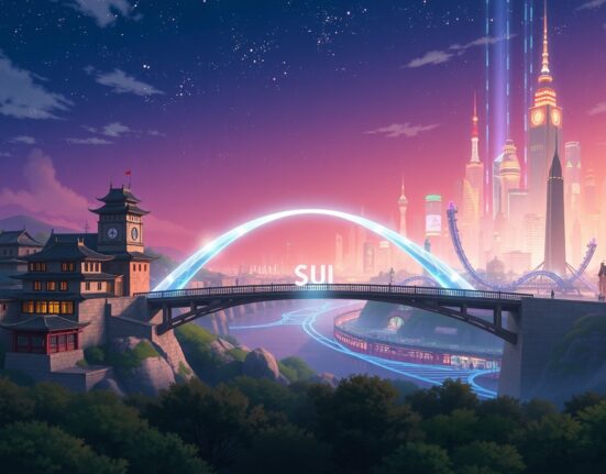 Conceptual bridge representing the 21Shares SUI spot ETF connecting traditional and decentralized finance.