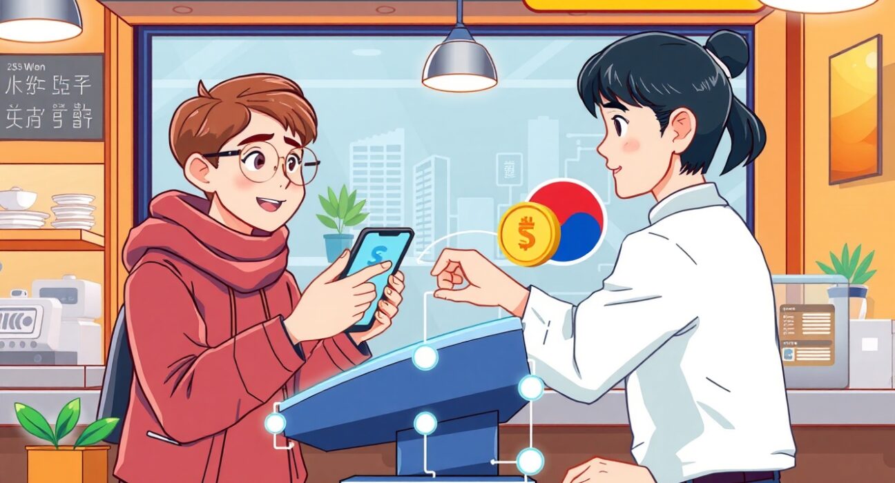 Cartoon illustration showing seamless Sui stablecoin payments at a South Korean POS terminal, highlighting blockchain integration in commerce.