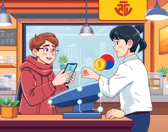 Cartoon illustration showing seamless Sui stablecoin payments at a South Korean POS terminal, highlighting blockchain integration in commerce.