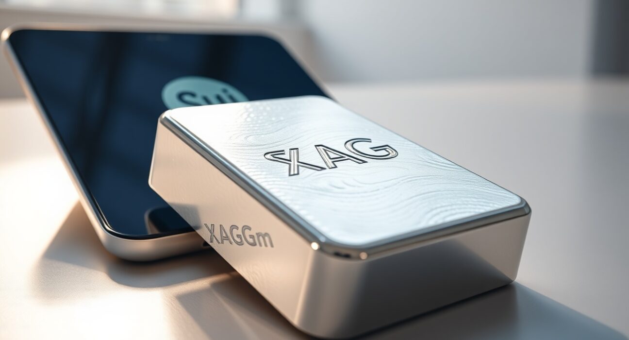 A silver bar with XAGm inscription next to a smartphone showing the Sui blockchain logo.