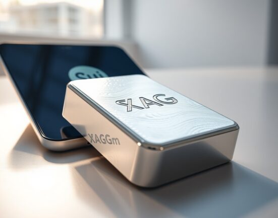 A silver bar with XAGm inscription next to a smartphone showing the Sui blockchain logo.