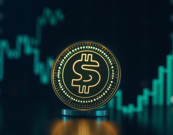 Sui cryptocurrency coin with rising chart background