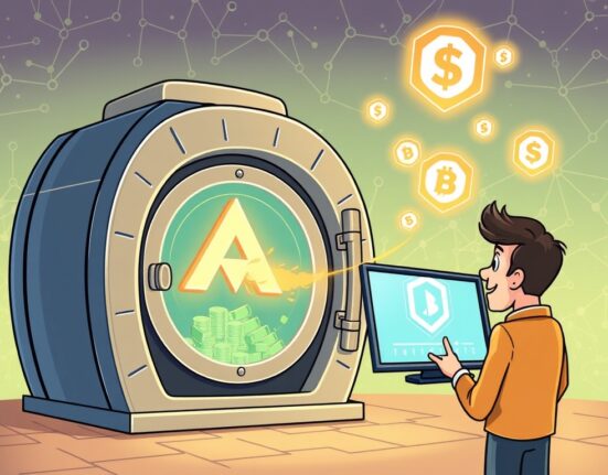 A cartoon illustration symbolizing secure SUI token trading and custody services provided by a reputable crypto bank.
