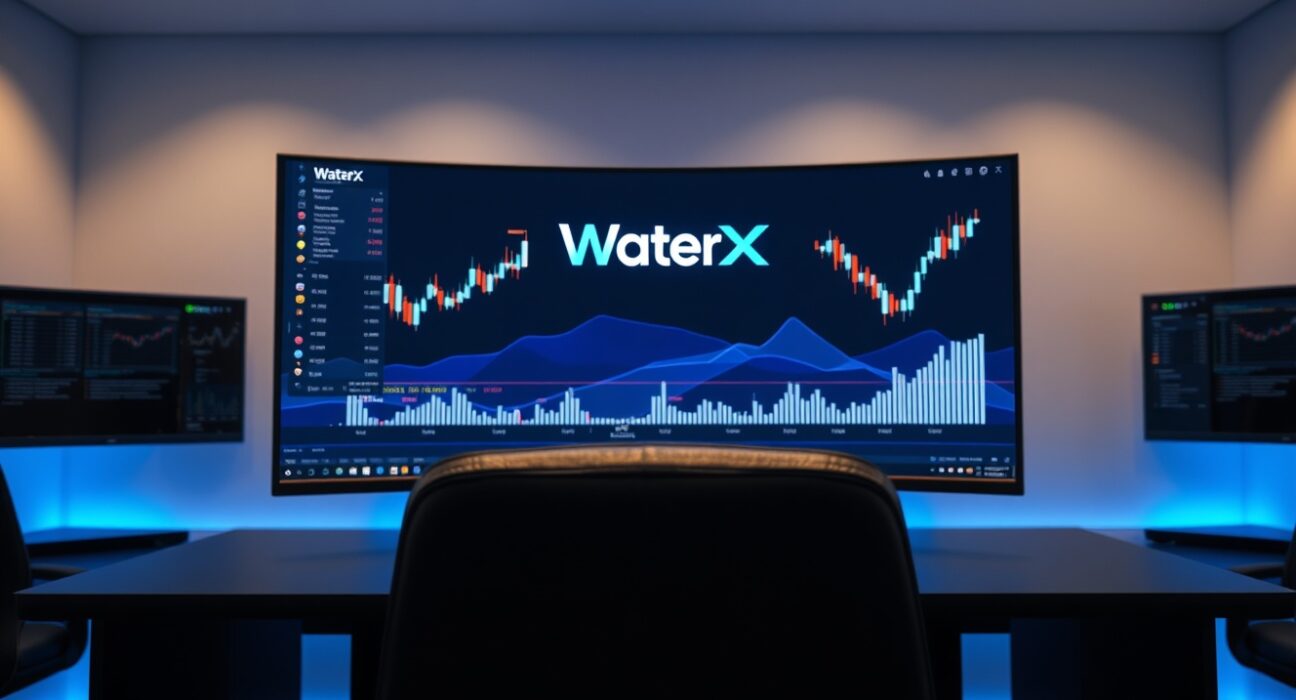 WaterX AI trading platform interface on a monitor in a modern trading office