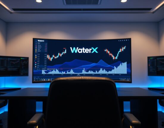 WaterX AI trading platform interface on a monitor in a modern trading office