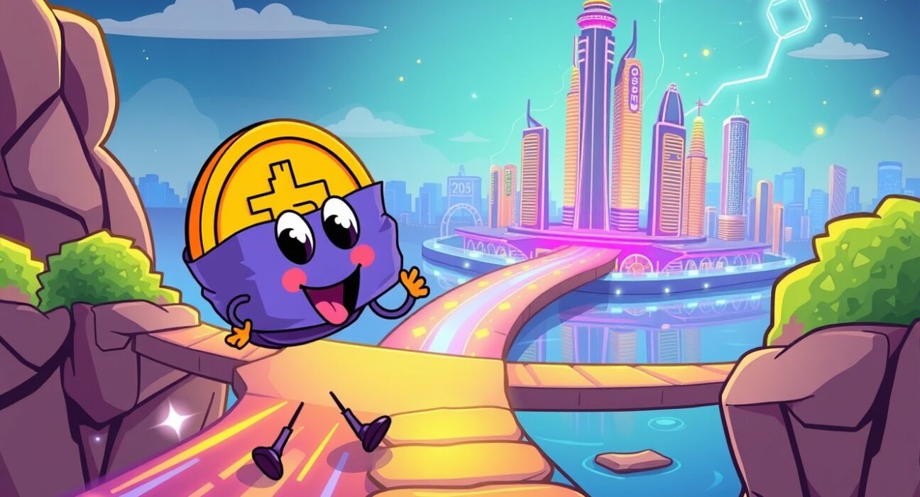 Sui wBTC onboarding illustrated as Bitcoin crossing a bridge to the Sui blockchain ecosystem.