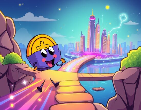 Sui wBTC onboarding illustrated as Bitcoin crossing a bridge to the Sui blockchain ecosystem.